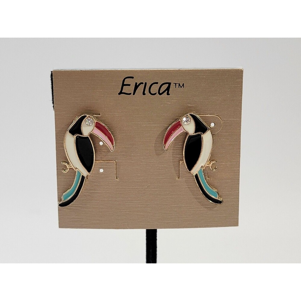 VINTAGE Erica‎ Toucan Themed Multicolor Enamel Bird Stud Statement Earrings EUC